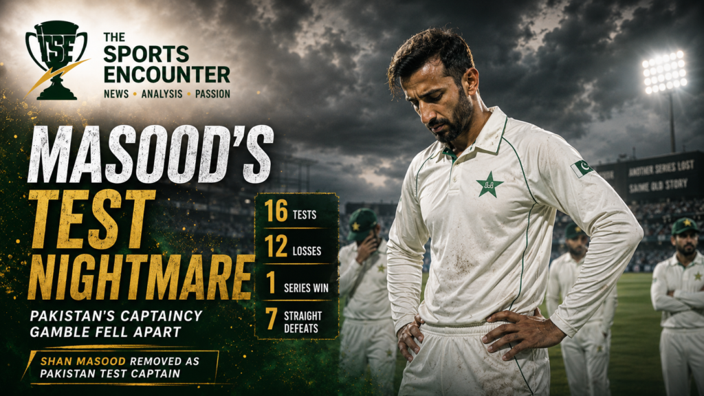 Shan Masood stands dejected on a cricket ground after Pakistan’s poor Test run, with captaincy stats showing 16 Tests, 12 losses, one series win, and seven straight defeats.