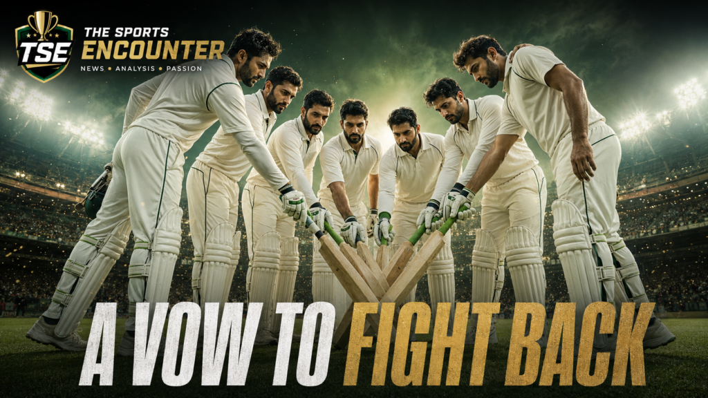 Pakistani Test batters in white kits stand in a circle on the cricket ground, joining their bats in a team vow beneath the words “A Vow to Fight Back,” with The Sports Encounter logo.