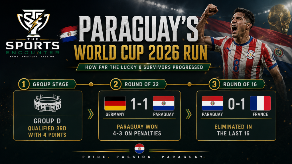 Paraguay’s World Cup 2026 journey showing third-place qualification from Group D, a penalty shootout win over Germany, and elimination by France in the Round of 16.