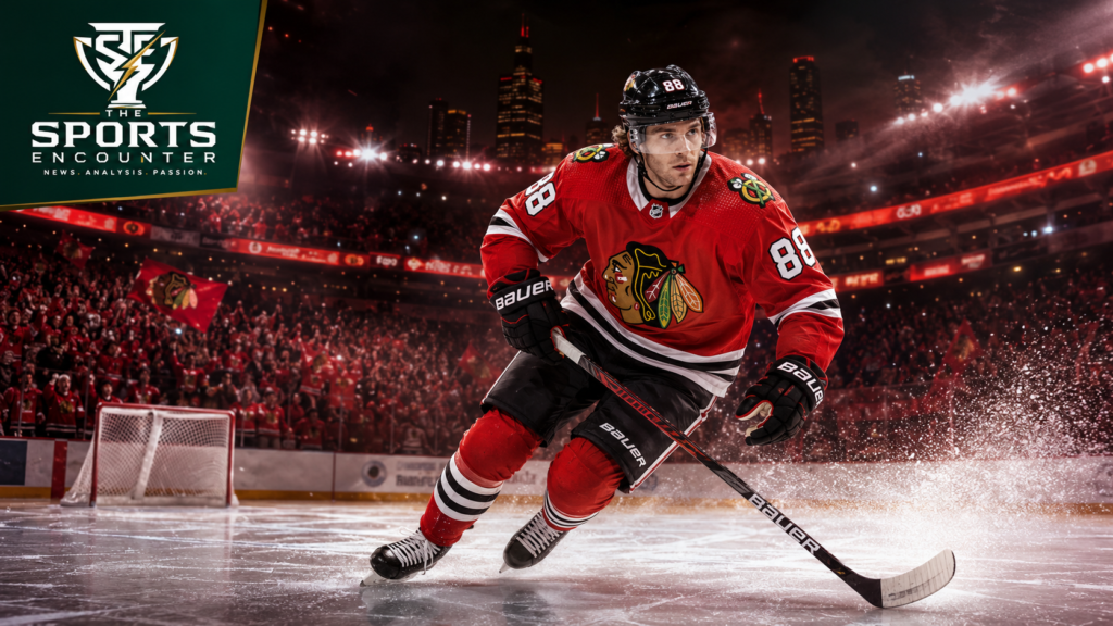 Patrick Kane skates across the ice in Chicago Blackhawks colors during his emotional return, with The Sports Encounter logo.