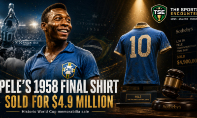 Pelé’s blue No. 10 shirt from Brazil’s 1958 World Cup final is displayed at auction after selling for $4.9 million, with a young Pelé, the trophy celebration, and The Sports Encounter logo.