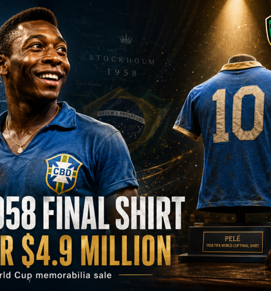 Pelé’s blue No. 10 shirt from Brazil’s 1958 World Cup final is displayed at auction after selling for $4.9 million, with a young Pelé, the trophy celebration, and The Sports Encounter logo.