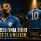 Pelé’s blue No. 10 shirt from Brazil’s 1958 World Cup final is displayed at auction after selling for $4.9 million, with a young Pelé, the trophy celebration, and The Sports Encounter logo.
