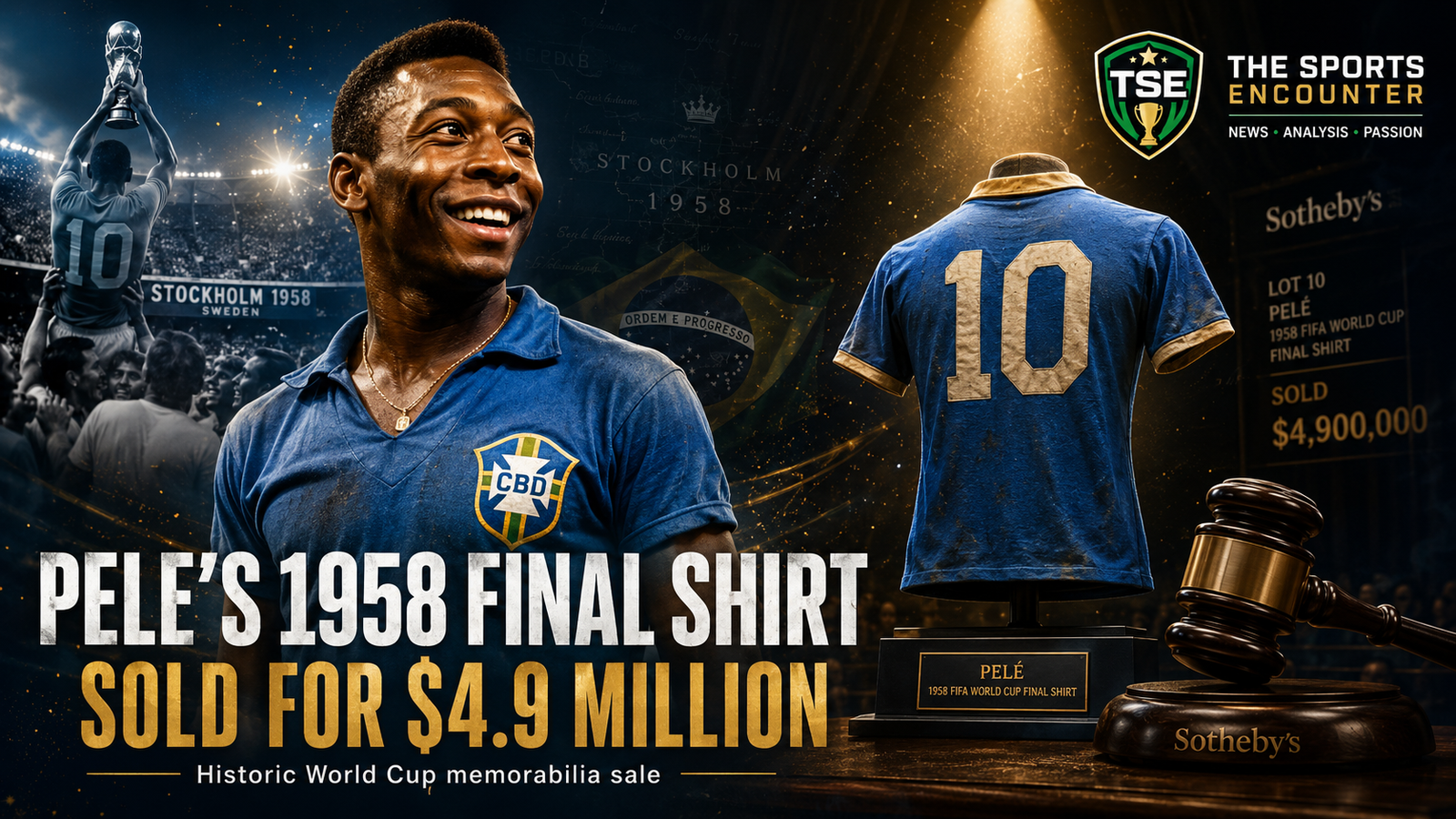Pelé’s blue No. 10 shirt from Brazil’s 1958 World Cup final is displayed at auction after selling for $4.9 million, with a young Pelé, the trophy celebration, and The Sports Encounter logo.