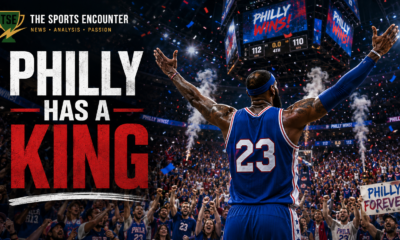 LeBron James-inspired Philadelphia 76ers player wearing No. 23 celebrates in front of roaring Philly fans during a tense NBA 2026-27 arena moment, with The Sports Encounter branding and the headline “Philly Has a King.”