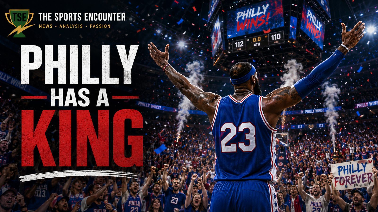LeBron James-inspired Philadelphia 76ers player wearing No. 23 celebrates in front of roaring Philly fans during a tense NBA 2026-27 arena moment, with The Sports Encounter branding and the headline “Philly Has a King.”