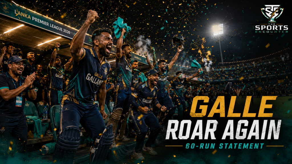 Galle Gallants players and staff celebrate passionately in the dugout after their 60-run LPL 2026 win over Jaffna Kings in Dambulla.