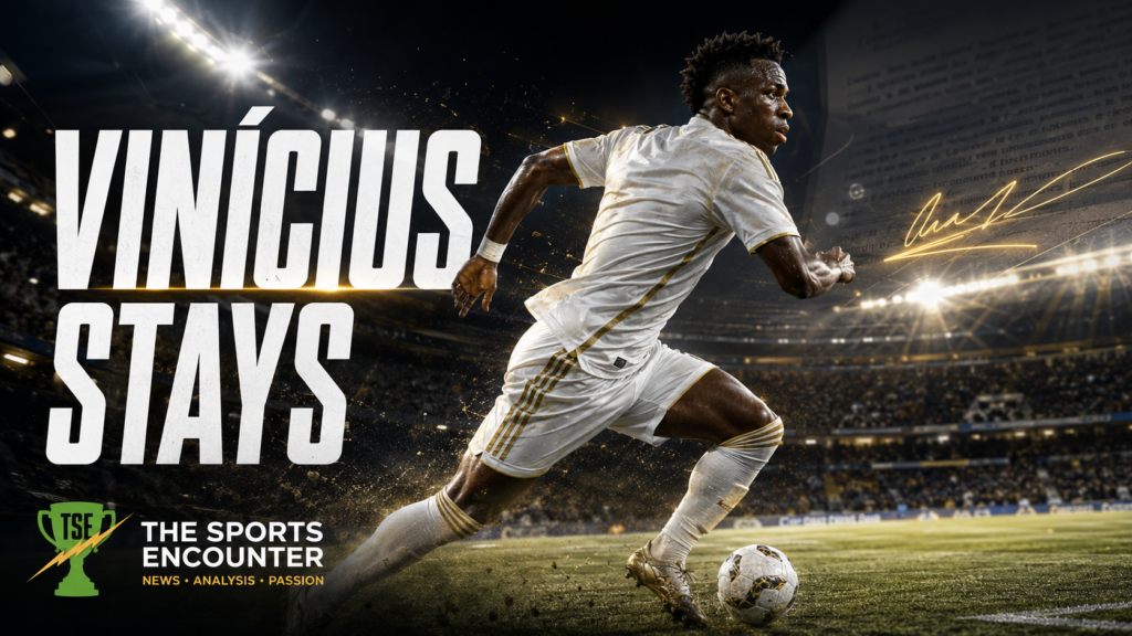 Cinematic VFX artwork of Vinícius Júnior sprinting with the ball under stadium lights, symbolizing his decision to remain at Real Madrid as contract talks continue.