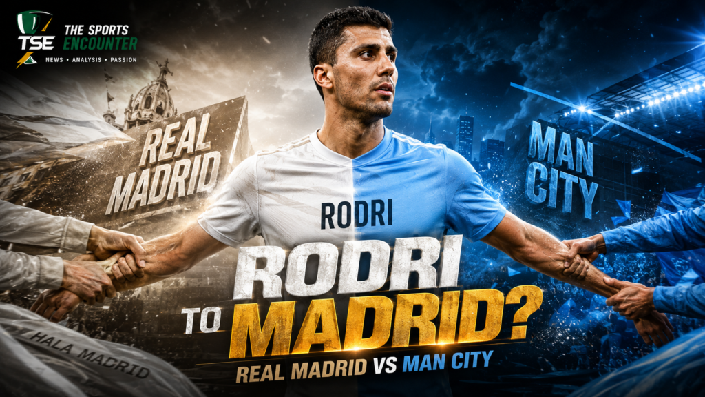 Rodri stands between Real Madrid and Manchester City in a dramatic transfer tug-of-war, symbolizing the growing battle for the Spanish midfielder’s future.