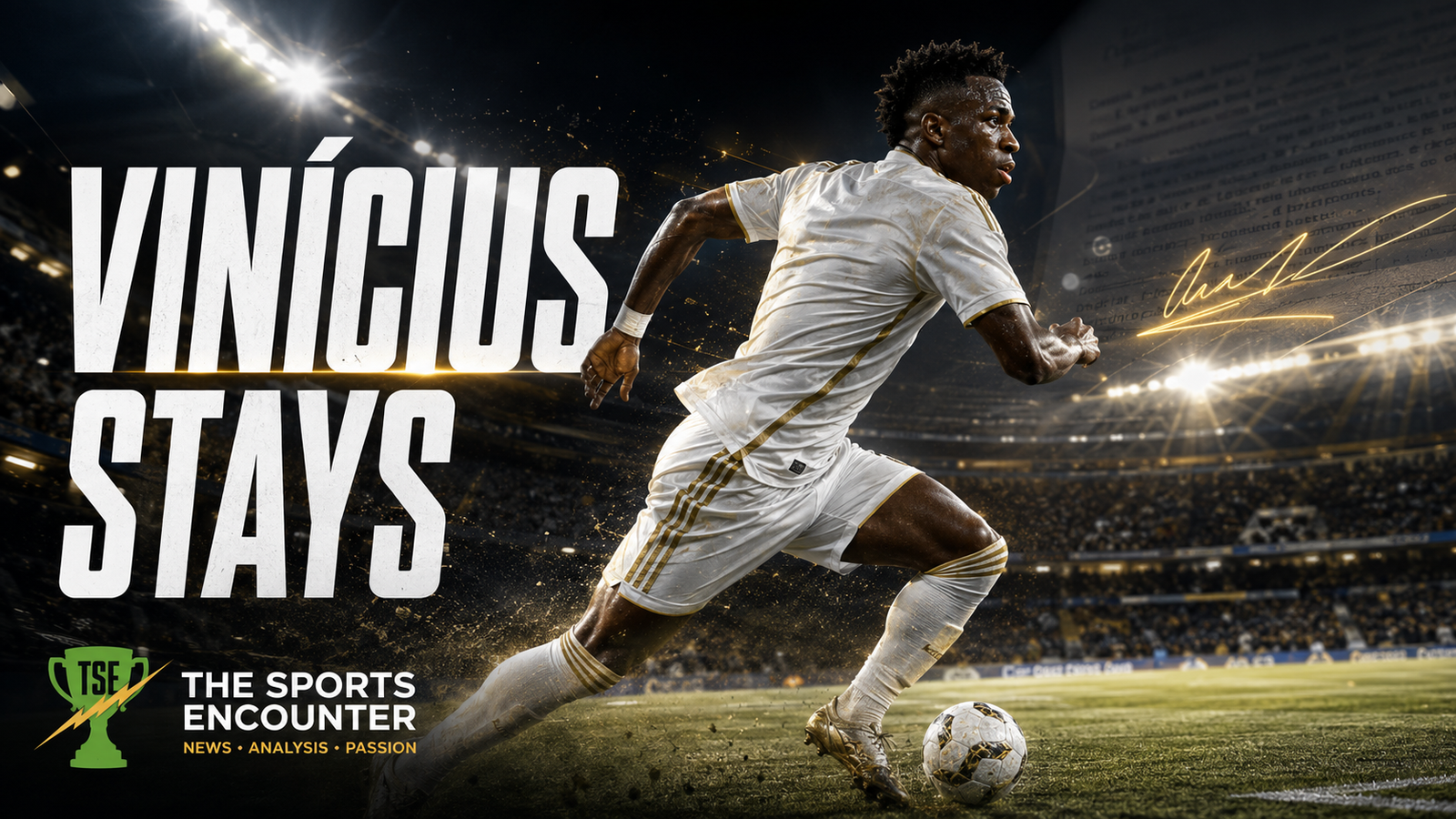 Cinematic VFX artwork of Vinícius Júnior sprinting with the ball under stadium lights, symbolizing his decision to remain at Real Madrid as contract talks continue.