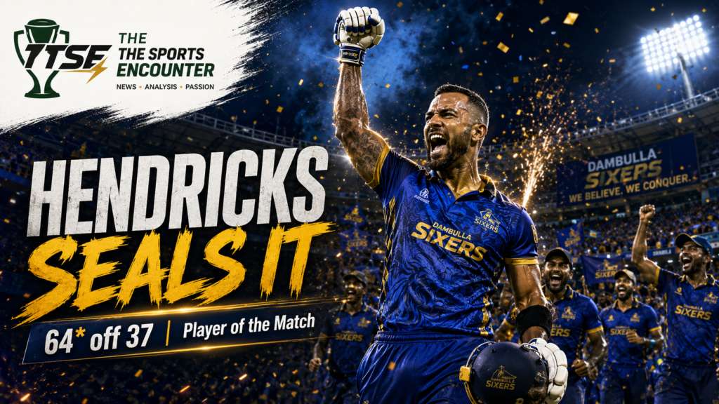 Reeza Hendricks punches his fist in the air after scoring an unbeaten 64 and guiding Dambulla Sixers to victory over Galle Gallants.