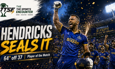 Reeza Hendricks punches his fist in the air after scoring an unbeaten 64 and guiding Dambulla Sixers to victory over Galle Gallants.