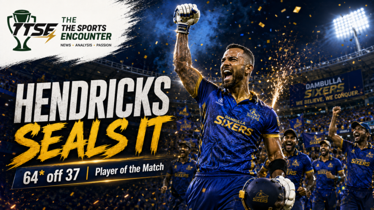 Reeza Hendricks punches his fist in the air after scoring an unbeaten 64 and guiding Dambulla Sixers to victory over Galle Gallants.