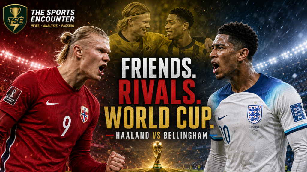 Erling Haaland in Norway colors faces Jude Bellingham in England colors beneath the headline “Friends. Rivals. World Cup,” with their Dortmund friendship shown in the background.