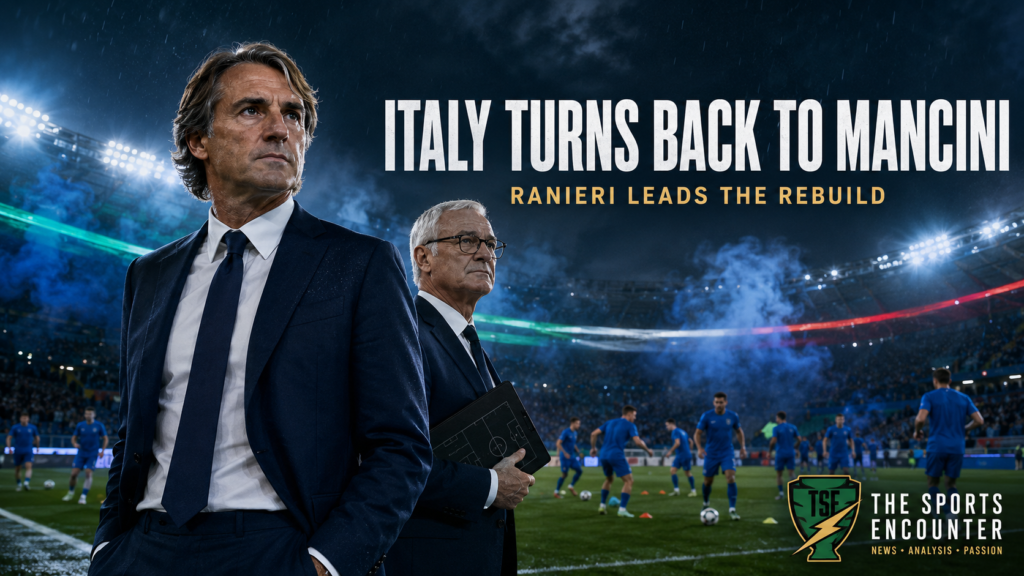 Cinematic VFX artwork of two veteran Italian coaches overseeing national-team training in a floodlit stadium, representing Roberto Mancini’s return and Claudio Ranieri’s role in rebuilding Italy.