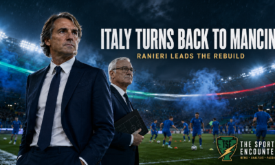 Cinematic VFX artwork of two veteran Italian coaches overseeing national-team training in a floodlit stadium, representing Roberto Mancini’s return and Claudio Ranieri’s role in rebuilding Italy.