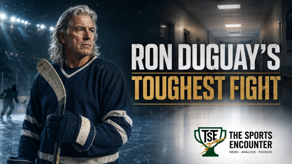 Cinematic VFX artwork of a veteran hockey player standing between an ice arena and a hospital corridor, reflecting former Rangers star Ron Duguay’s hospitalization and ongoing battle with Stage 4 colon cancer.
