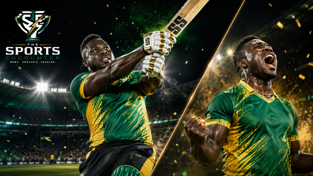 Rovman Powell muscles a six before celebrating Guyana Amazon Warriors’ three-wicket DLS victory over San Francisco Unicorns in the Global Super League 2026.