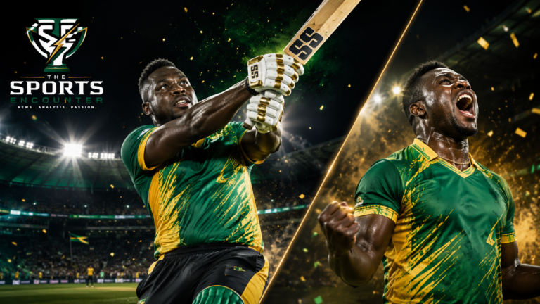Rovman Powell muscles a six before celebrating Guyana Amazon Warriors’ three-wicket DLS victory over San Francisco Unicorns in the Global Super League 2026.