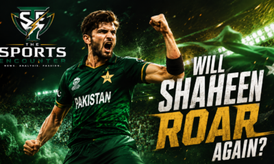 Shaheen Shah Afridi celebrates a wicket in Pakistan’s T20 kit beneath the headline “Will Shaheen Roar Again?” with The Sports Encounter logo.