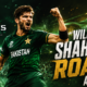Shaheen Shah Afridi celebrates a wicket in Pakistan’s T20 kit beneath the headline “Will Shaheen Roar Again?” with The Sports Encounter logo.