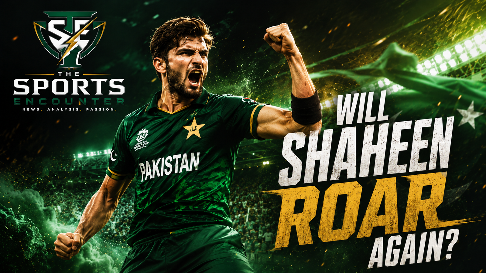 Shaheen Shah Afridi celebrates a wicket in Pakistan’s T20 kit beneath the headline “Will Shaheen Roar Again?” with The Sports Encounter logo.