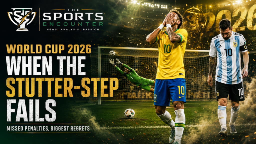 FIFA World Cup 2026 featured image showing disappointed players after failed stutter-step penalties, with a goalkeeper saving a shot and The Sports Encounter logo.