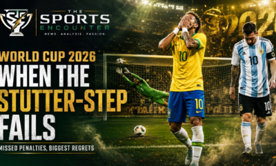 FIFA World Cup 2026 featured image showing disappointed players after failed stutter-step penalties, with a goalkeeper saving a shot and The Sports Encounter logo.