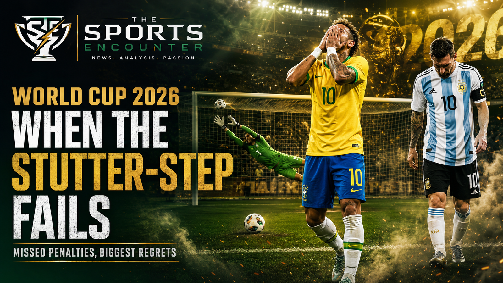 FIFA World Cup 2026 featured image showing disappointed players after failed stutter-step penalties, with a goalkeeper saving a shot and The Sports Encounter logo.