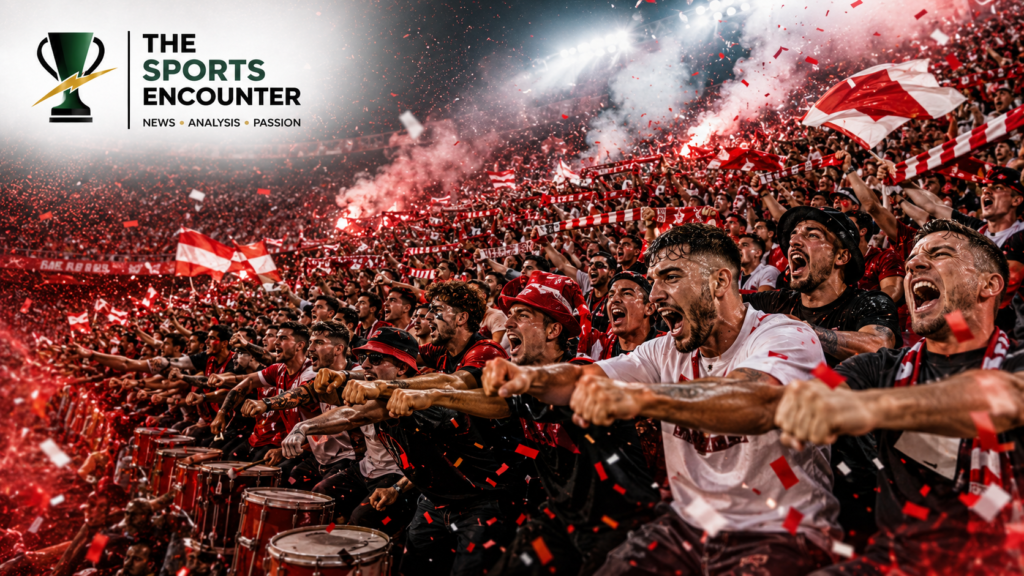Soccer fans perform a synchronized rowing celebration in a packed stadium during the FIFA World Cup 2026.