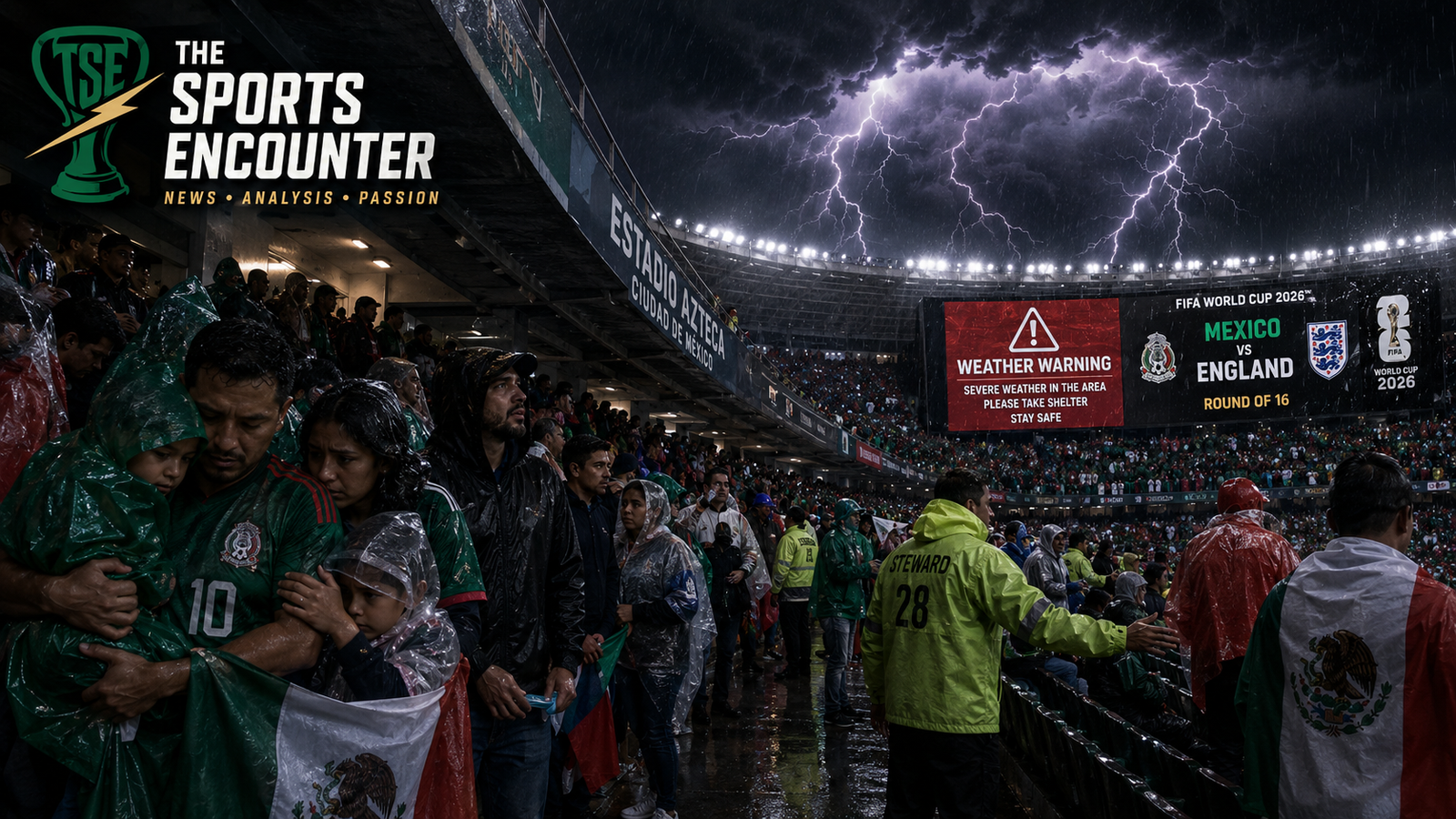 Soccer fans in rain ponchos take shelter at Estadio Azteca as a severe storm approaches before Mexico vs England at World Cup 2026.