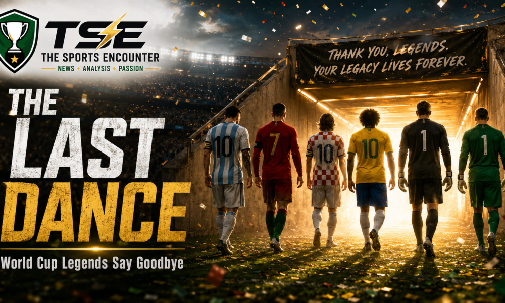 Cinematic VFX featured image showing fictionalized World Cup legend silhouettes walking toward a glowing stadium tunnel, with farewell confetti, The Sports Encounter logo, and the headline “The Last Dance: World Cup Legends Say Goodbye.”