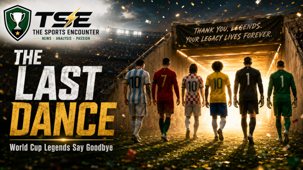 Cinematic VFX featured image showing fictionalized World Cup legend silhouettes walking toward a glowing stadium tunnel, with farewell confetti, The Sports Encounter logo, and the headline “The Last Dance: World Cup Legends Say Goodbye.”