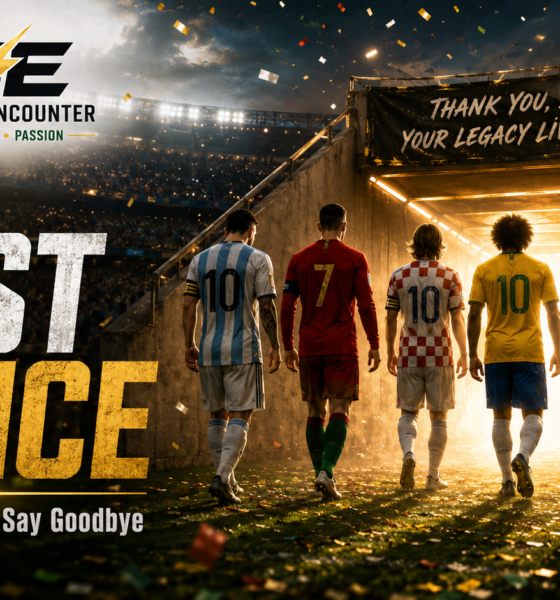 Cinematic VFX featured image showing fictionalized World Cup legend silhouettes walking toward a glowing stadium tunnel, with farewell confetti, The Sports Encounter logo, and the headline “The Last Dance: World Cup Legends Say Goodbye.”
