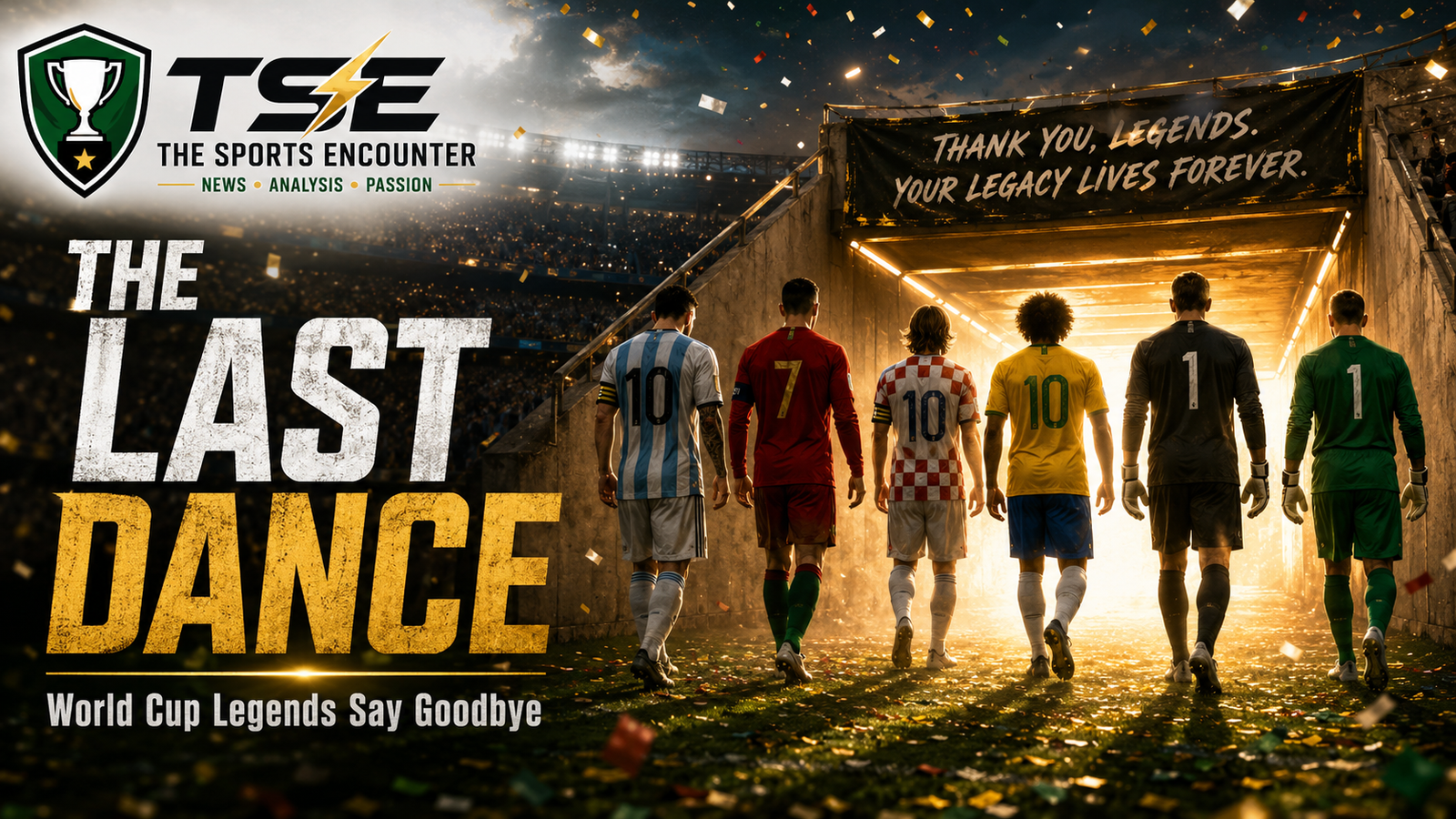 Cinematic VFX featured image showing fictionalized World Cup legend silhouettes walking toward a glowing stadium tunnel, with farewell confetti, The Sports Encounter logo, and the headline “The Last Dance: World Cup Legends Say Goodbye.”