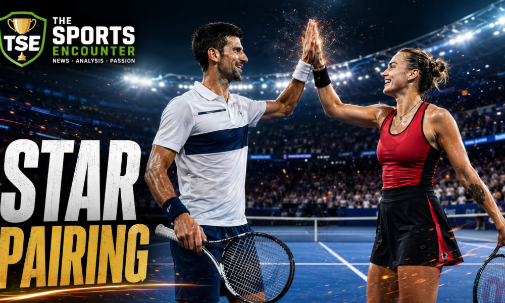 VFX cinematic featured image showing Novak Djokovic and Aryna Sabalenka-inspired tennis players giving each other a high-five on a US Open-style hard court, with The Sports Encounter logo and the headline “Star Pairing.”