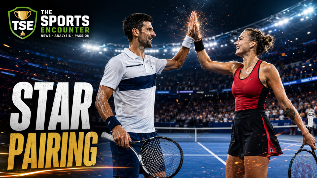 VFX cinematic featured image showing Novak Djokovic and Aryna Sabalenka-inspired tennis players giving each other a high-five on a US Open-style hard court, with The Sports Encounter logo and the headline “Star Pairing.”