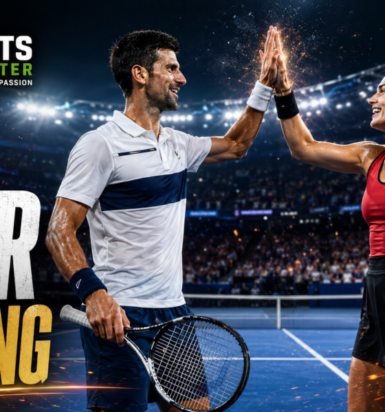 VFX cinematic featured image showing Novak Djokovic and Aryna Sabalenka-inspired tennis players giving each other a high-five on a US Open-style hard court, with The Sports Encounter logo and the headline “Star Pairing.”