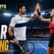 VFX cinematic featured image showing Novak Djokovic and Aryna Sabalenka-inspired tennis players giving each other a high-five on a US Open-style hard court, with The Sports Encounter logo and the headline “Star Pairing.”