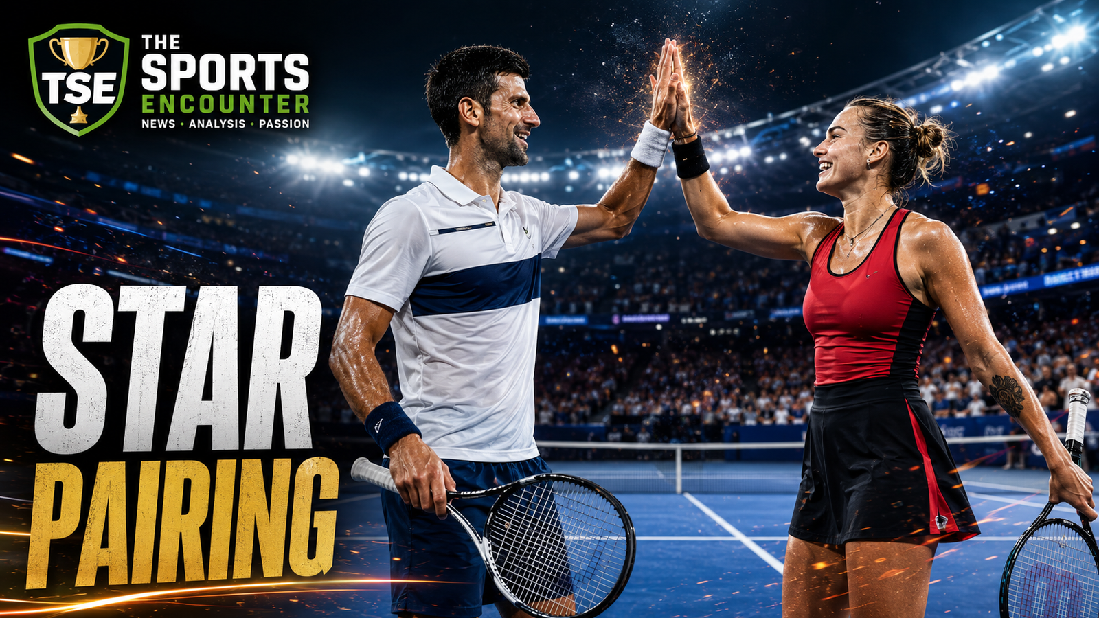 VFX cinematic featured image showing Novak Djokovic and Aryna Sabalenka-inspired tennis players giving each other a high-five on a US Open-style hard court, with The Sports Encounter logo and the headline “Star Pairing.”