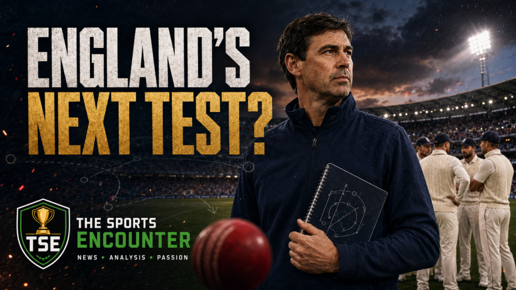 Stephen Fleming stands inside a floodlit cricket stadium as England players gather behind him, illustrating his expected appointment as England Test coach, with “England’s Next Test?” and The Sports Encounter logo.
