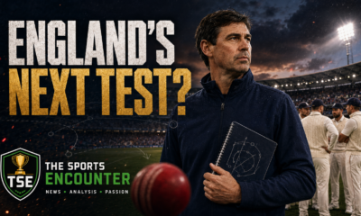 Stephen Fleming stands inside a floodlit cricket stadium as England players gather behind him, illustrating his expected appointment as England Test coach, with “England’s Next Test?” and The Sports Encounter logo.