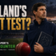 Stephen Fleming stands inside a floodlit cricket stadium as England players gather behind him, illustrating his expected appointment as England Test coach, with “England’s Next Test?” and The Sports Encounter logo.