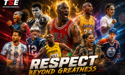 Michael Jordan stands at the center of a cinematic VFX montage featuring Muhammad Ali, Serena Williams, Kobe Bryant, Roger Federer, Lionel Messi, Tom Brady, Usain Bolt, Amanda Nunes, and Wayne Gretzky beneath The Sports Encounter logo and the headline “Respect Beyond Greatness.”
