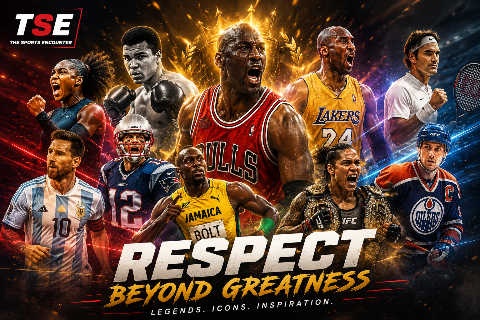 Michael Jordan stands at the center of a cinematic VFX montage featuring Muhammad Ali, Serena Williams, Kobe Bryant, Roger Federer, Lionel Messi, Tom Brady, Usain Bolt, Amanda Nunes, and Wayne Gretzky beneath The Sports Encounter logo and the headline “Respect Beyond Greatness.”