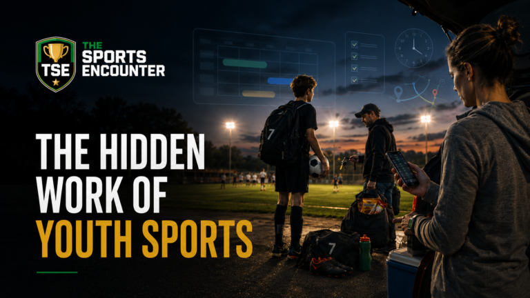Youth soccer player stands beside a floodlit field while parents manage schedules, transportation, equipment, and team coordination.