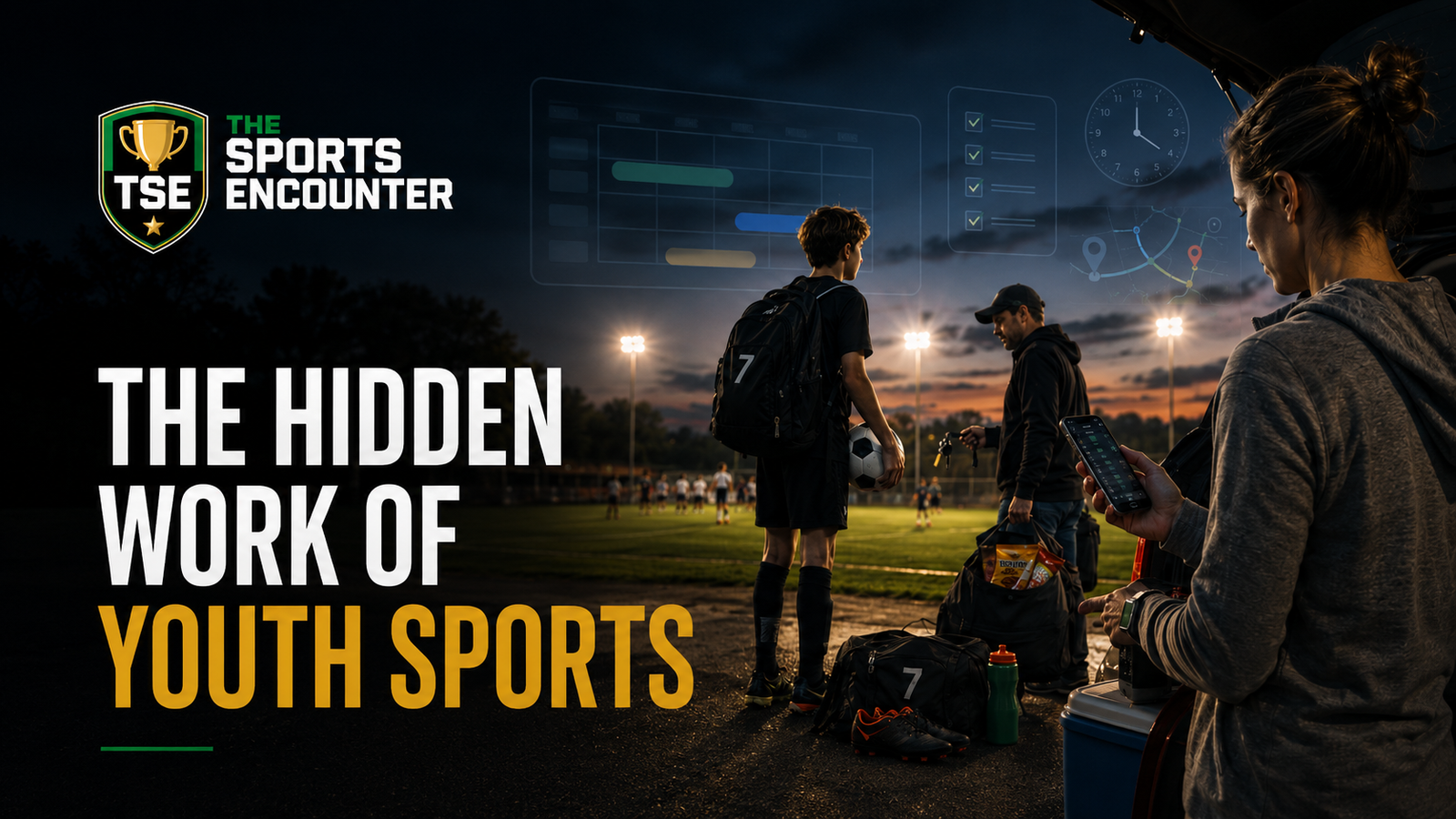 Youth soccer player stands beside a floodlit field while parents manage schedules, transportation, equipment, and team coordination.