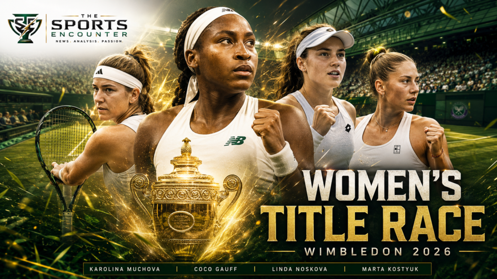 Coco Gauff, Karolina Muchova, Linda Noskova and Marta Kostyuk appear in a dramatic Wimbledon 2026 VFX poster with a glowing trophy, grass-court stadium backdrop and The Sports Encounter logo.