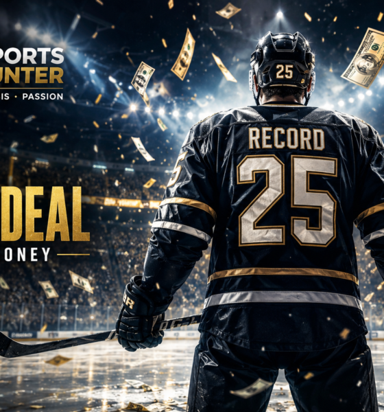 Back view of an NHL player standing on the ice as dollar bills rain down around him in a dramatic record-deal themed graphic.