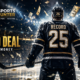 Back view of an NHL player standing on the ice as dollar bills rain down around him in a dramatic record-deal themed graphic.